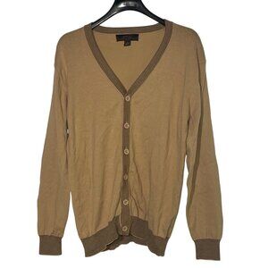 Tasso Ella Men's V-Neck Supima Cotton Button Cardigan Striped Trim Sz LG Tan